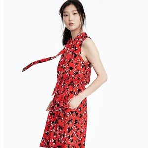 Floral tie neck red dress
